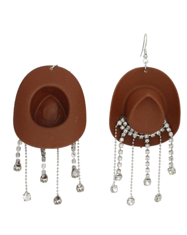Fish Hook Brown Cowgirl Hat Fringe Earrings