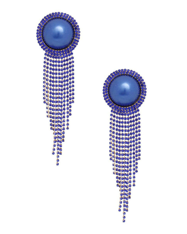 Clip On Royal Blue Pearl Dome Stone Fringe Earring