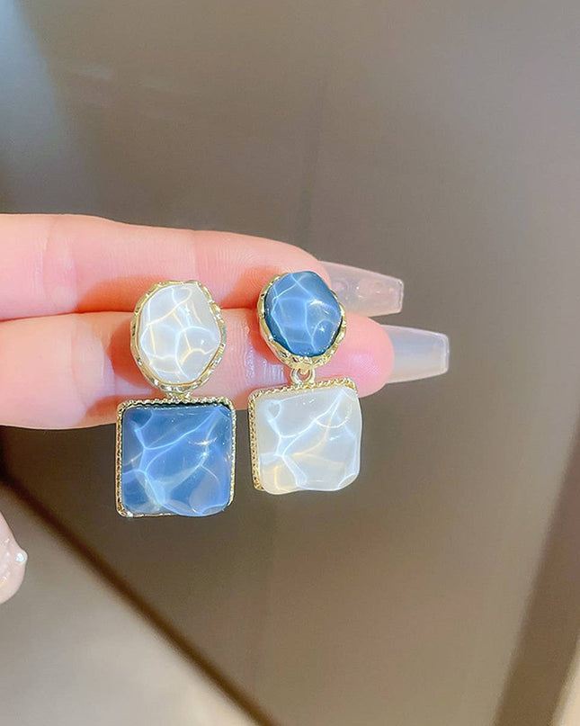 Radiant Mosaic Irregular Square Oval Drop Earrings – Green Jade, Ocean Blue & Fuchsia Pink with water patterns