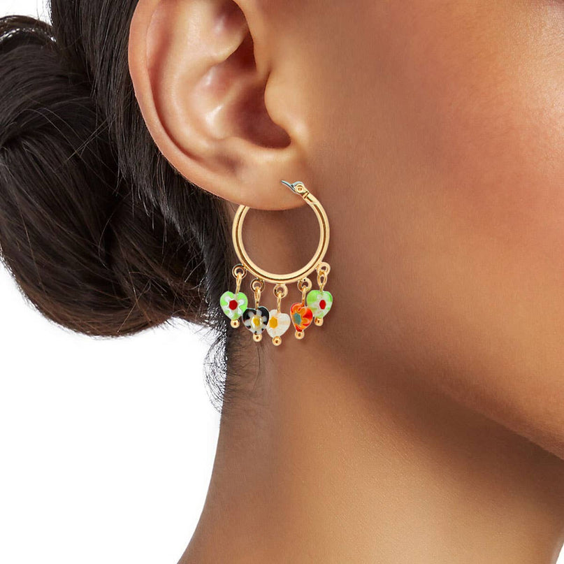 Gold Heart-Shaped Bead Hoop Earrings for Women