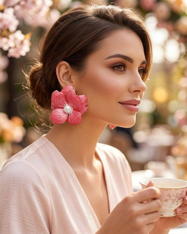 Pink Oversized Stud Painted Petal Flower Earrings