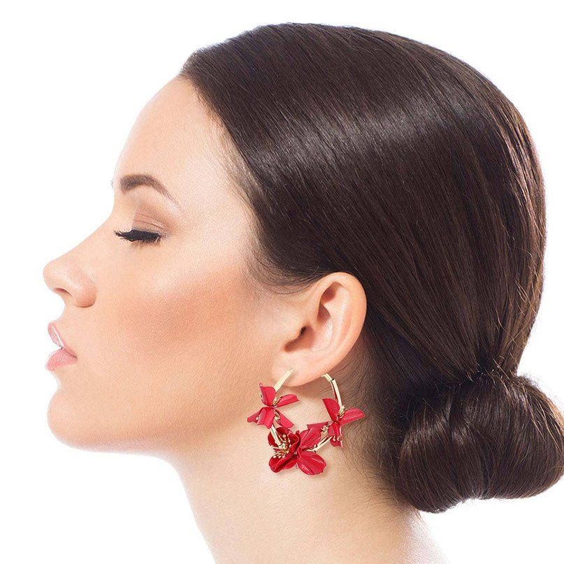 Red Metal Flower Hoop Earrings for Women