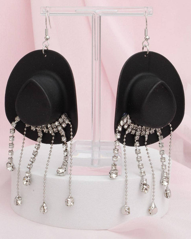 Fish Hook Black Cowgirl Hat Fringe Earrings
