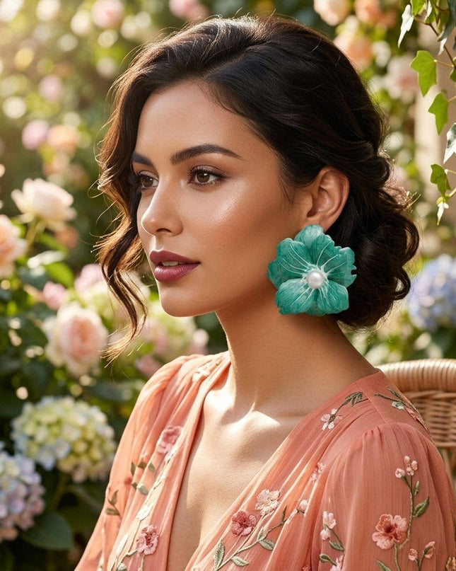Green Oversized Stud Painted Petal Flower Earrings