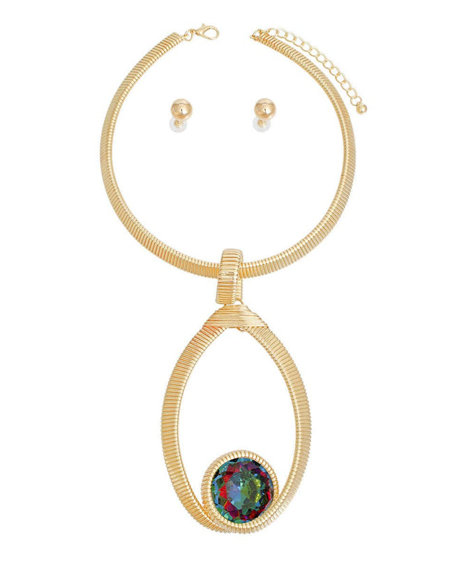 Choker Pink Green Ribbed Oval Pendant Set Women