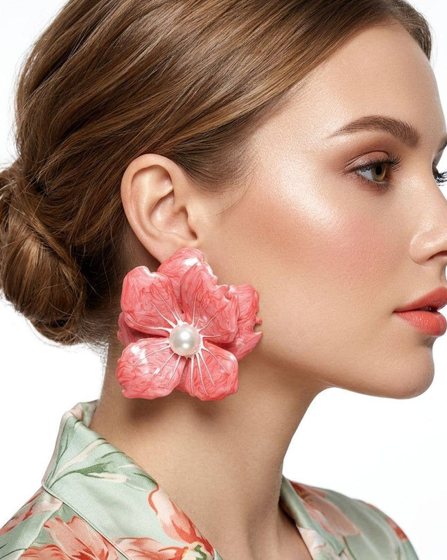 Pink Oversized Stud Painted Petal Flower Earrings