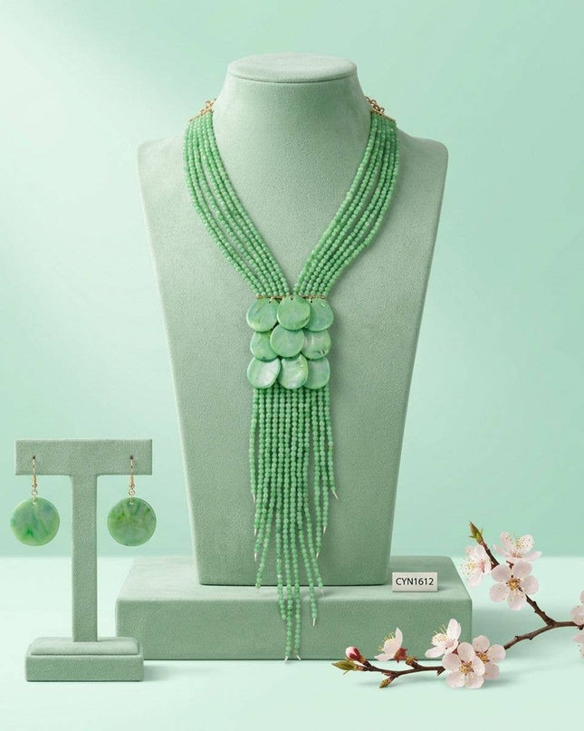 Marbled Green Bead Multi Strand Tassel Necklace