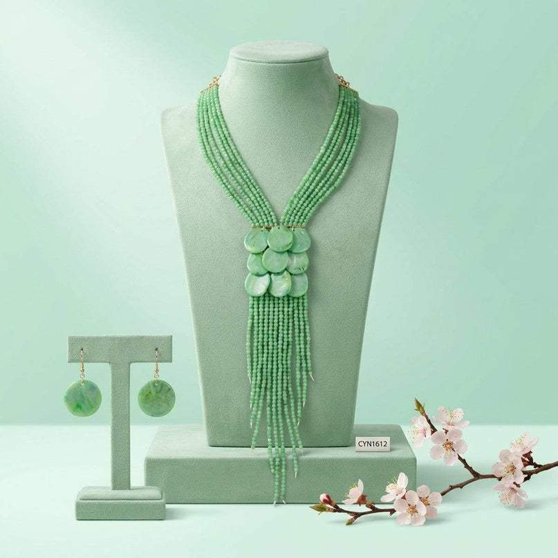 Marbled Green Bead Multi Strand Tassel Necklace