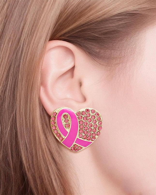 Studs Gold Heart Pink Stone Cancer Ribbon Earrings