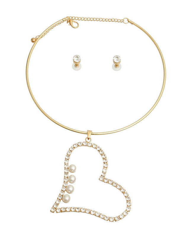 Gold Pearl Rhinestone Heart Choker
