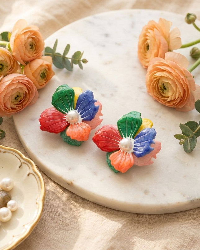 Multi Oversized Stud Painted Petal Flower Earrings