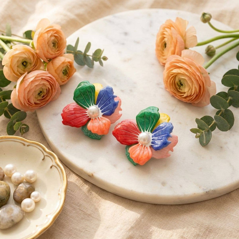 Multi Oversized Stud Painted Petal Flower Earrings
