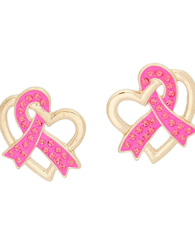 Studs Gold Pink Ribbon Looped Heart Earrings