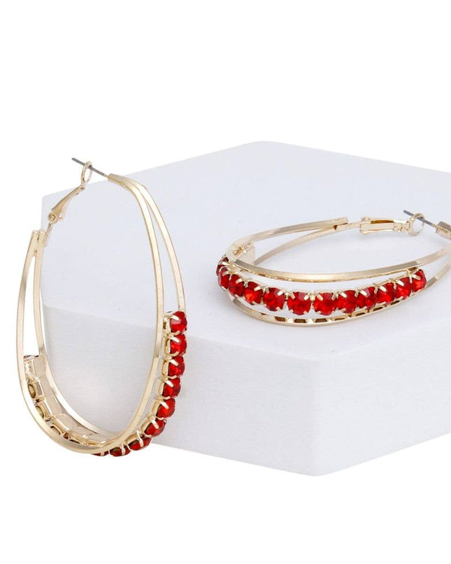 Hoops Oval Gold Split Red Rhinestone Earrings