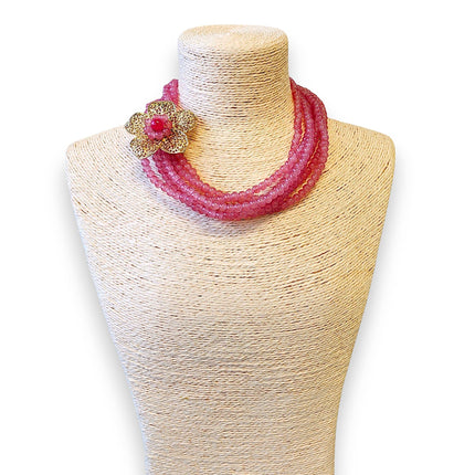 Short Pink Layered Necklace | Flower | Floral | Beaded Boho