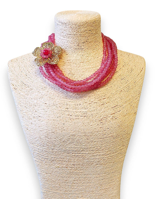 Short Pink Layered Necklace | Flower | Floral | Beaded Boho
