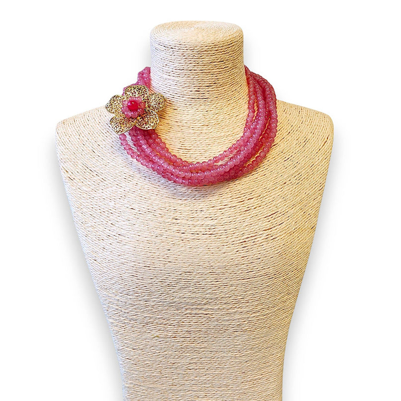 Short Pink Layered Necklace | Flower | Floral | Beaded Boho