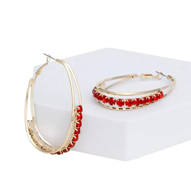 Hoops Oval Gold Split Fuschia Rhinestone Earrings
